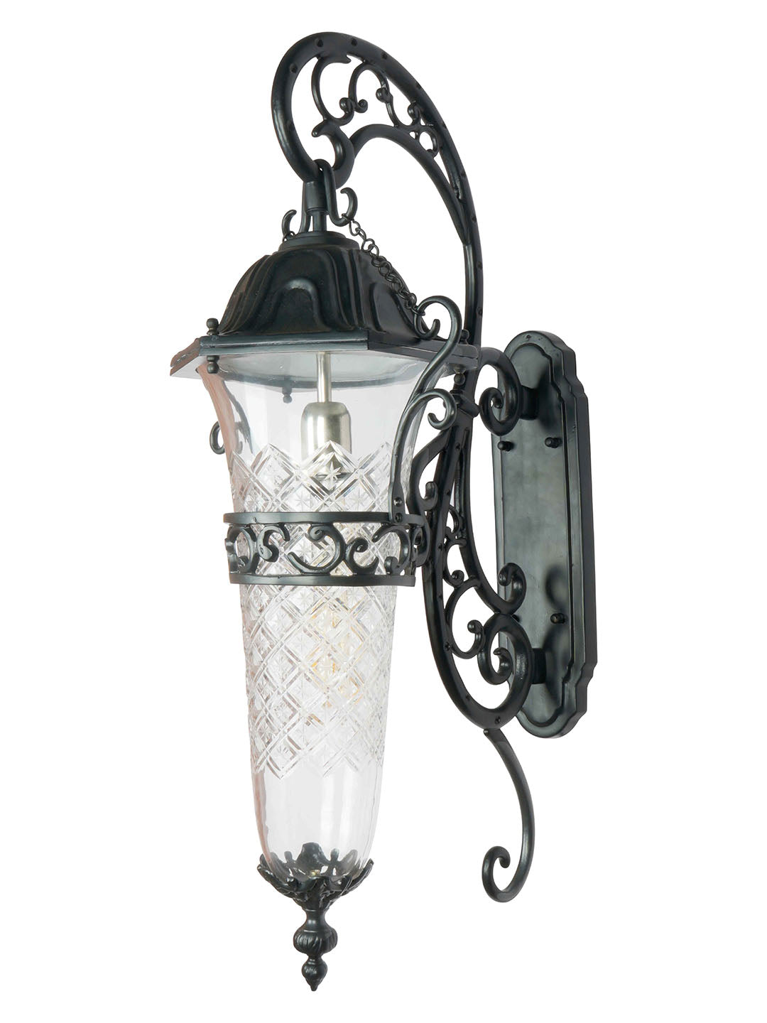 Large 32 Inch Traditional Victorian-Style Black Outdoor Aluminium & Cut-Glass Single Wall Lamp Light