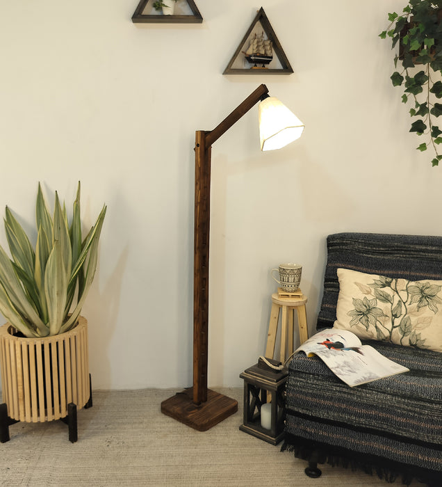Hinge Wooden Floor Lamp with Beige Fabric Lampshade