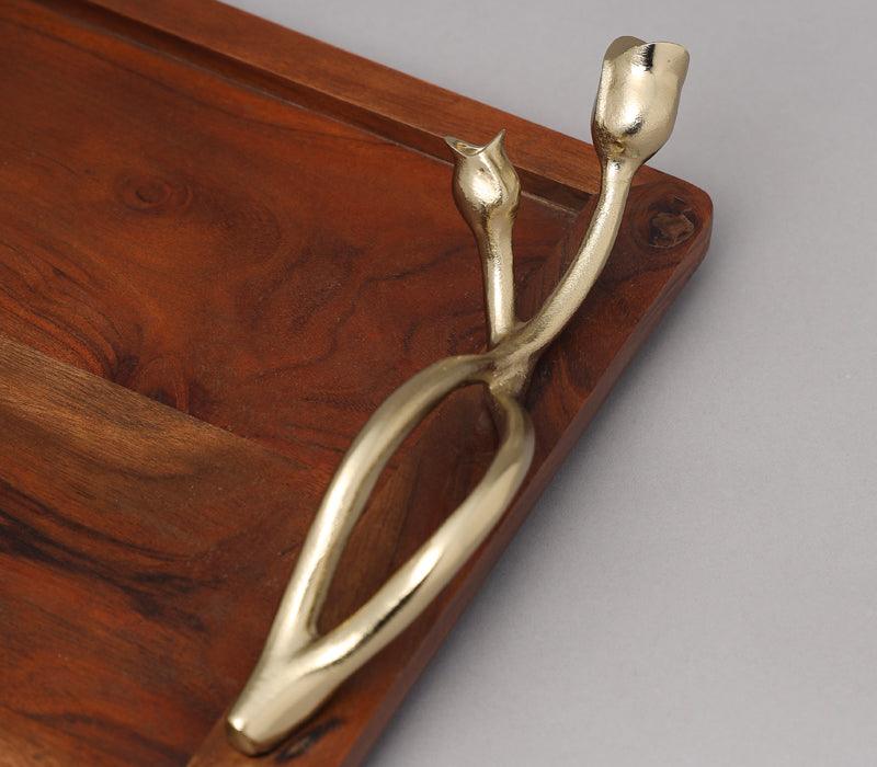 Tulip Tray | Gold Finished  with Walnut Finished Acacia Wood