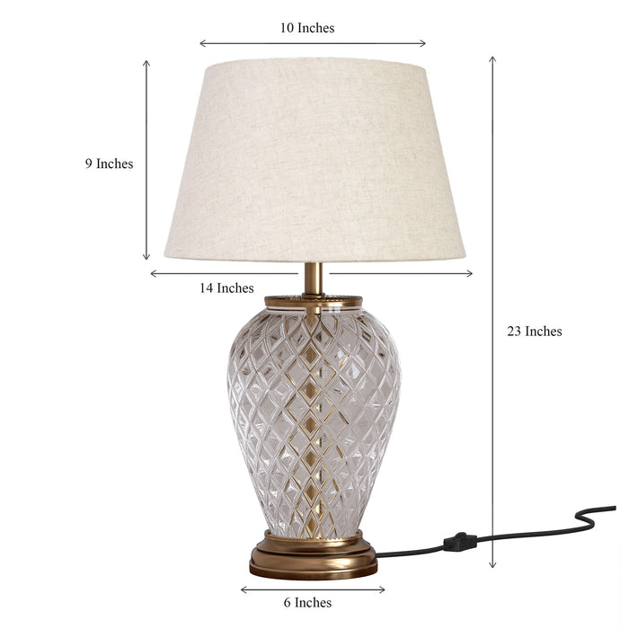 Royal Brass Antique Finish And Diamond Cut Glass Table Lamp 23 Inches Height With Off White 14 Inches Diameter Lampshade