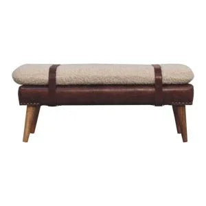Boucle & Mahogany Leather Bench | Wooden Bench with Nordic Legs | Mango Wood Sitting Bench