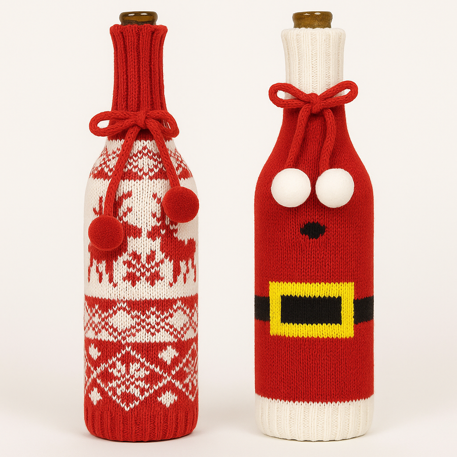 Woolen Christmas Wine Covers – Santa, Snowflake & Reindeer Design-Red Green