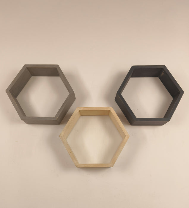 Oliver Iii Hexagonal Shaped Set of 3 Wooden Wall Shelves