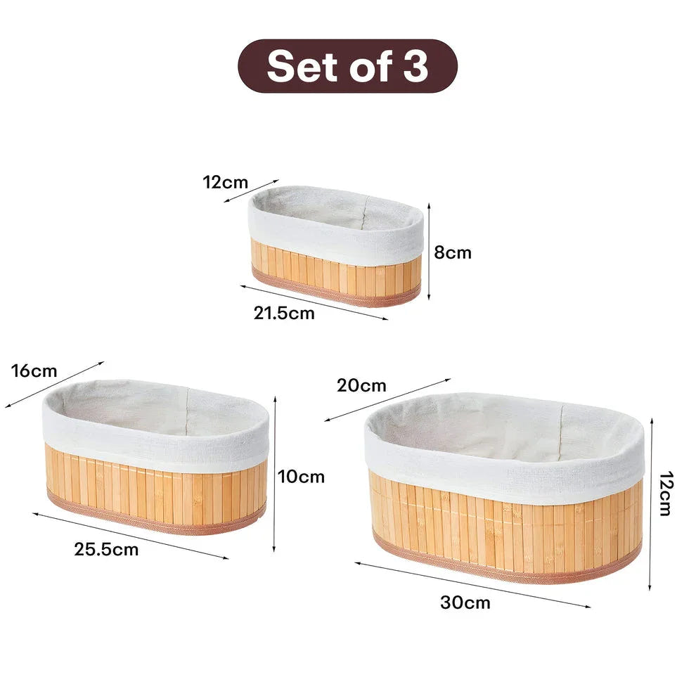 Eco-Friendly Natural Bamboo Storage Rectangular Basket Bins Organizer, Pack of 3 - Brown