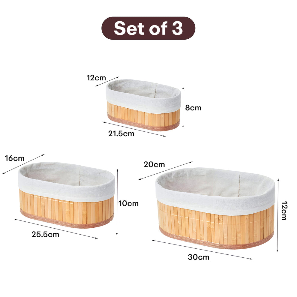 Eco-Friendly Natural Bamboo Storage Rectangular Basket Bins Organizer, Pack of 3 - Brown
