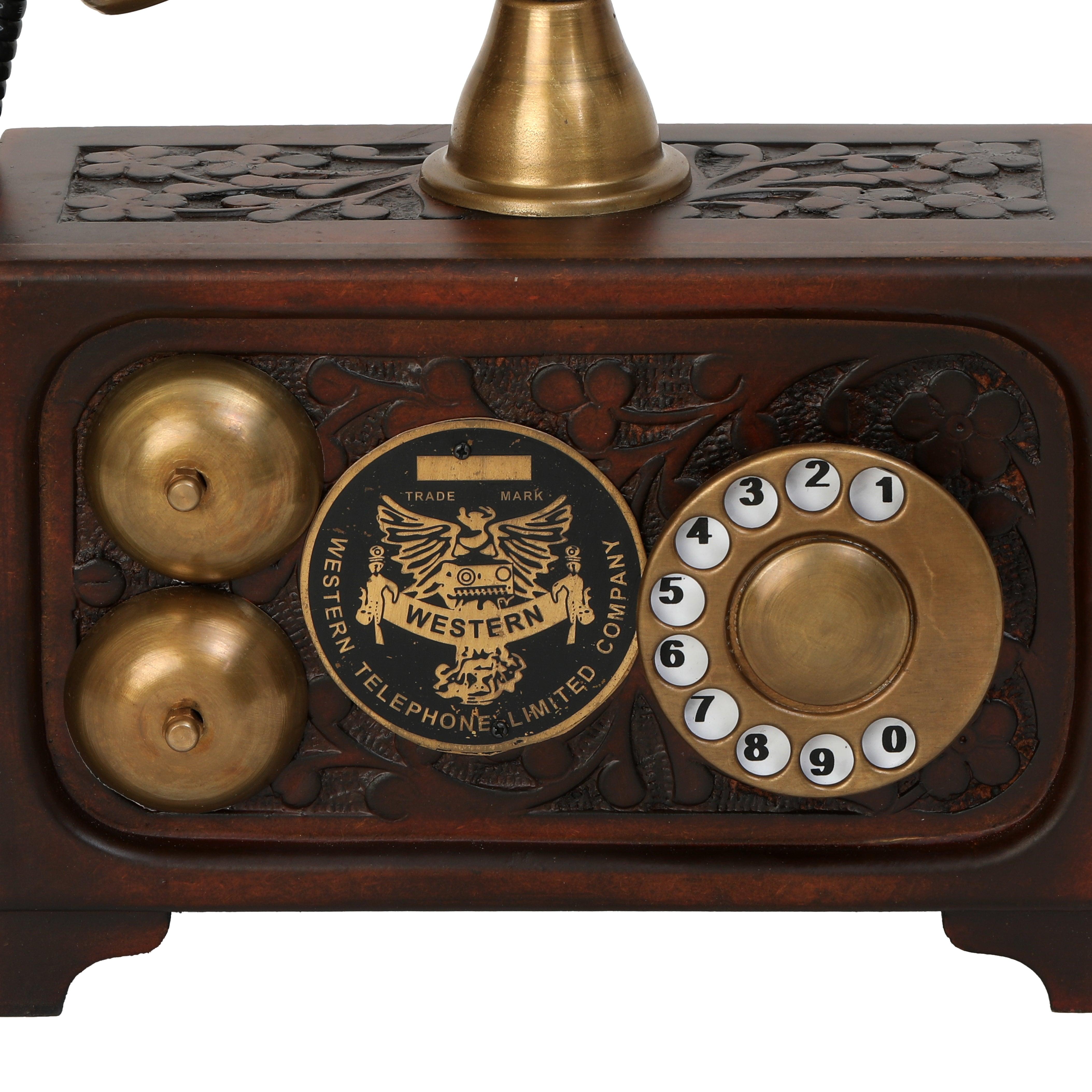 Decorative Non-Functional Antique Telephone - Brass and Wood Replica - Antique Finish