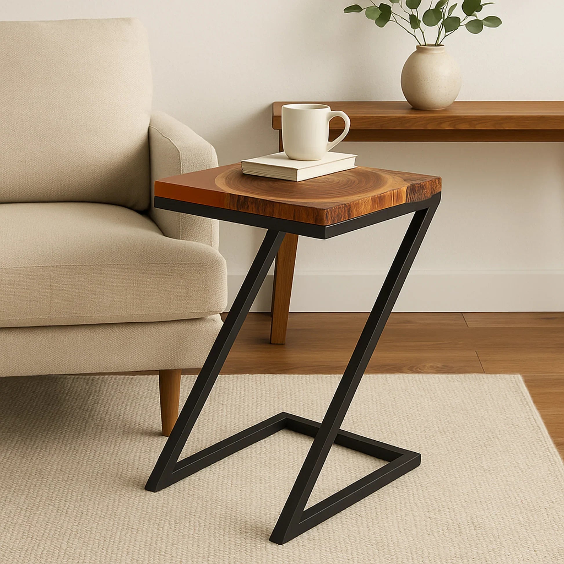 Solid Teak End Table with Brown Epoxy Resin