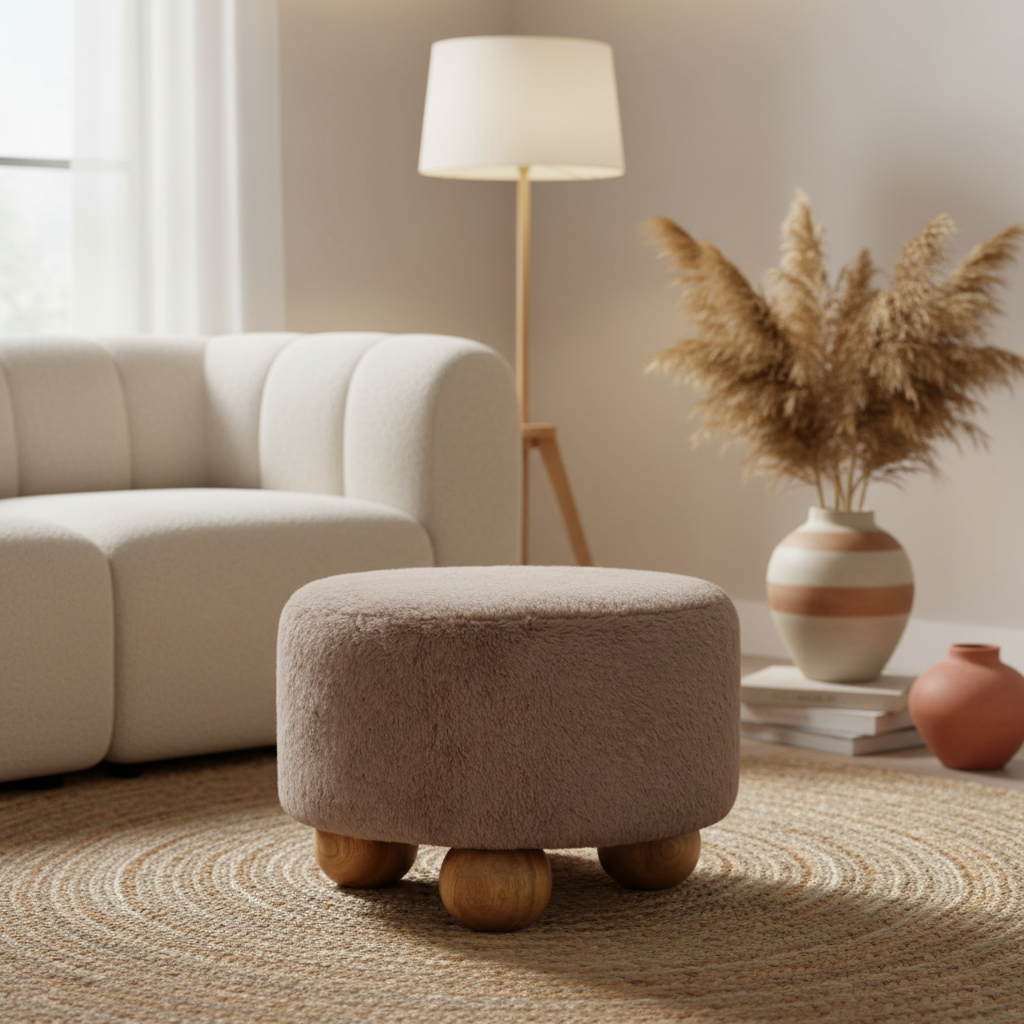 Mocha Faux Fur Round Ball Footstool