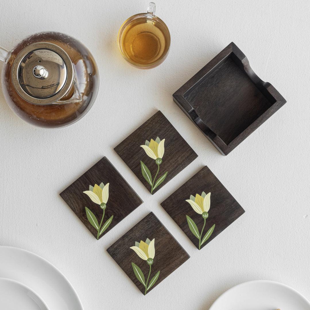 MIRRA Handpainted Wooden Coasters with Stand (Set of 4)  | Mango Wood