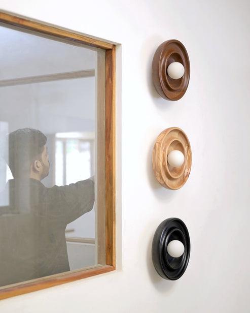 Handcrafted Discus Teak Wood Wall Light | Warm LED Accent Lighting