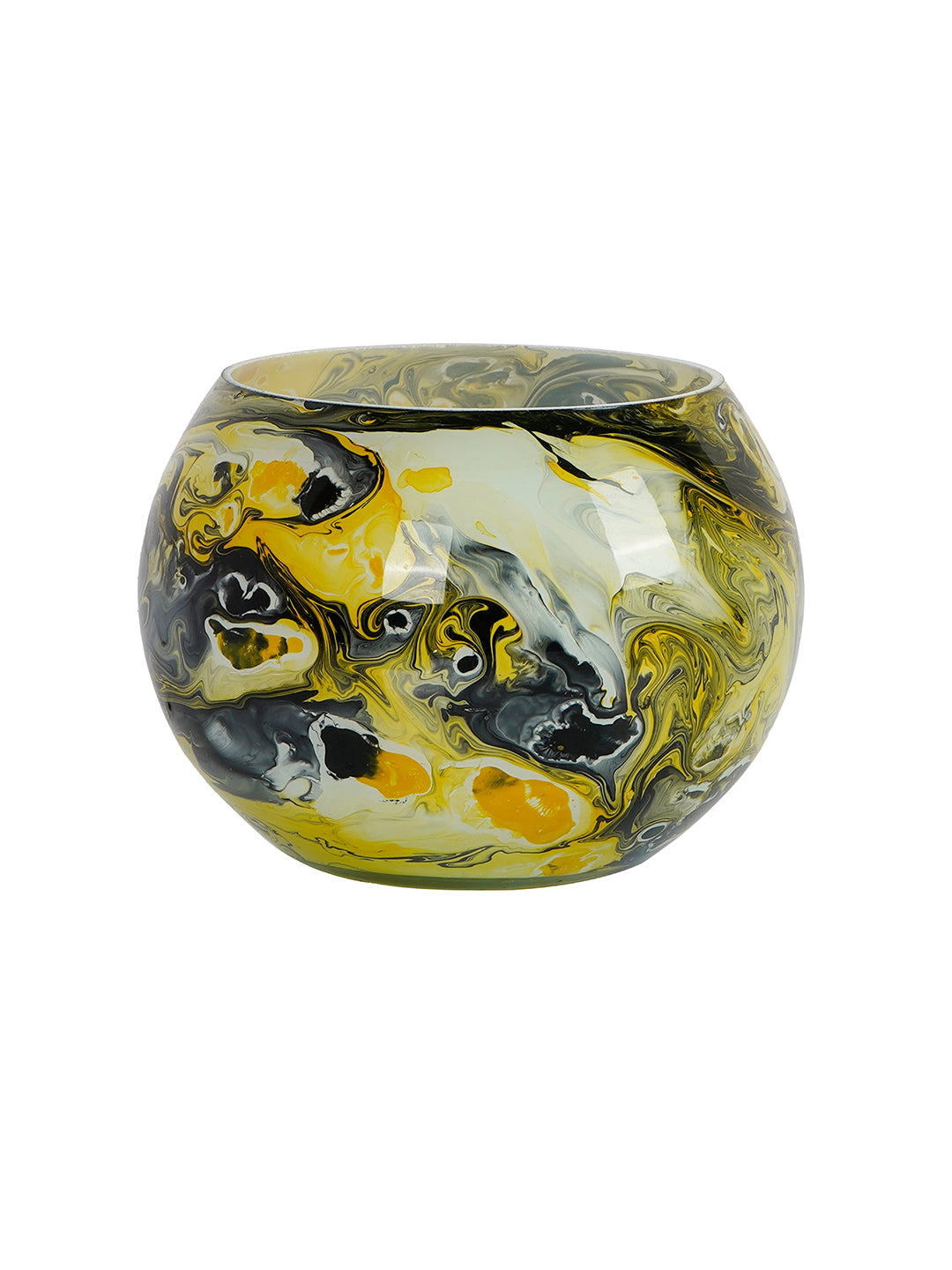 Midnight & Mustard: Round Glass Tea Light Holder with Bold Yellow & Black Marble