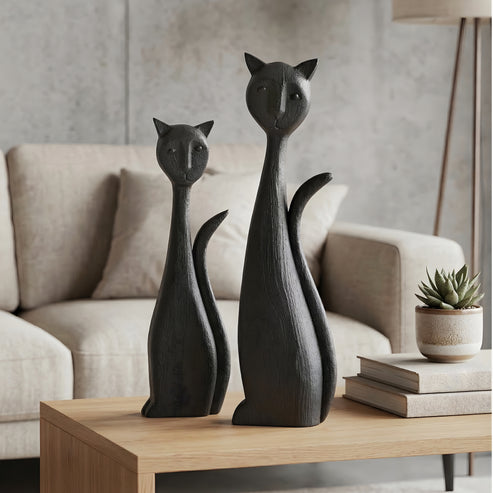 Niro Wooden Cat Sculpture | Modern Black Decorative Art for Modern Interiors | Premium Showpiece