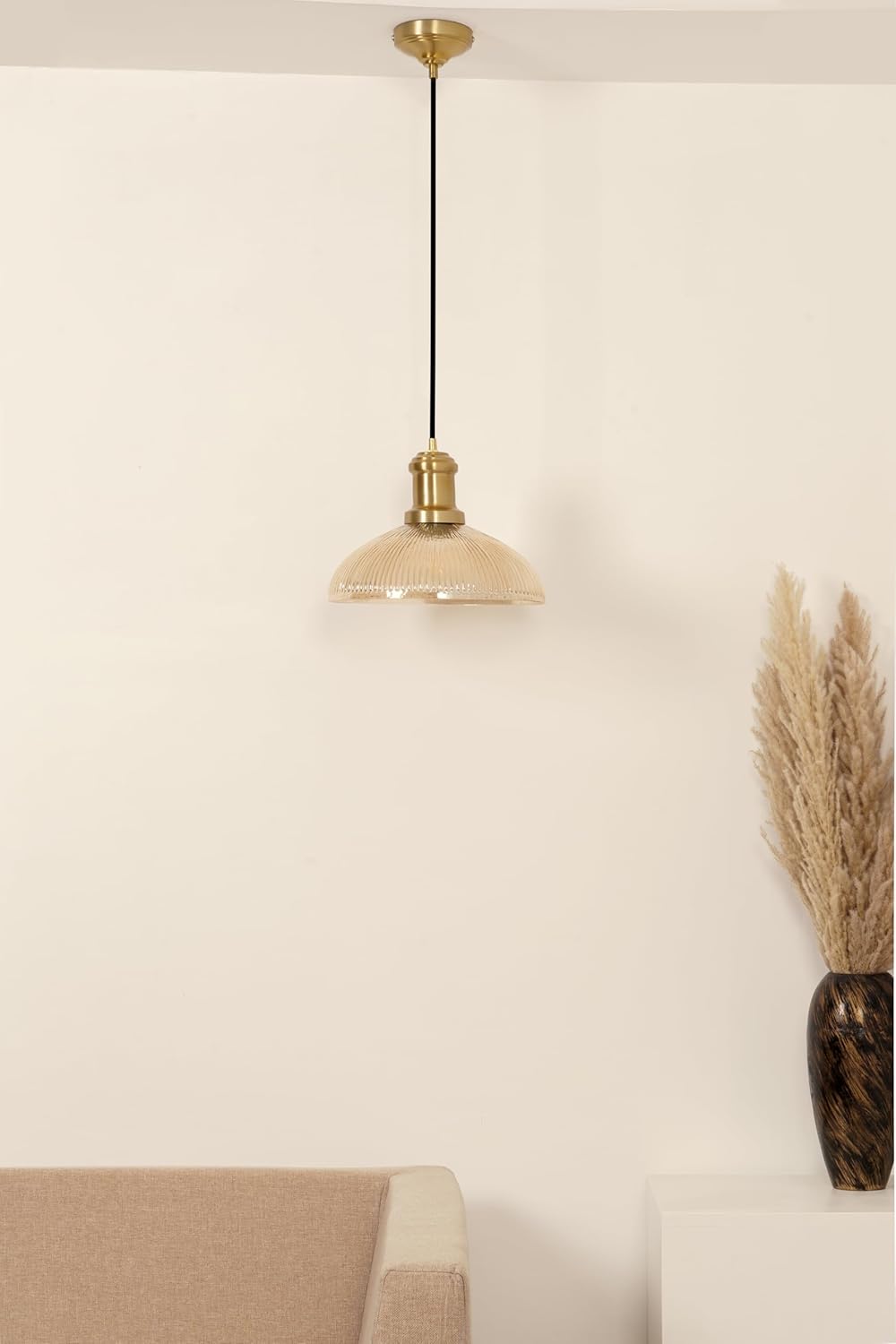 Ribbed Grey Luster Glass Pendant Light with Antique Brass Finish for Living Room, Bedroom, Kitchen and Dining