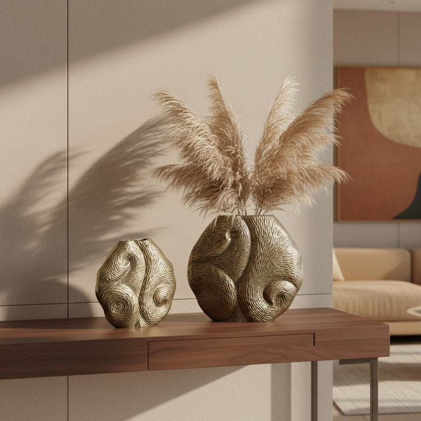 Whorl Designer Vase Set | Antique Brass Finish Decorative Flower Vase (Set of 2)