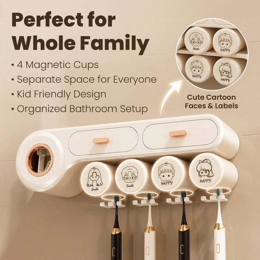 Wall Mounted Toothbrush Storage Holder | Mounted Organizer Plastic Brush Stand | Bathroom Accessories Set Toothpaste Dispenser | Built-in Drawer- Cream