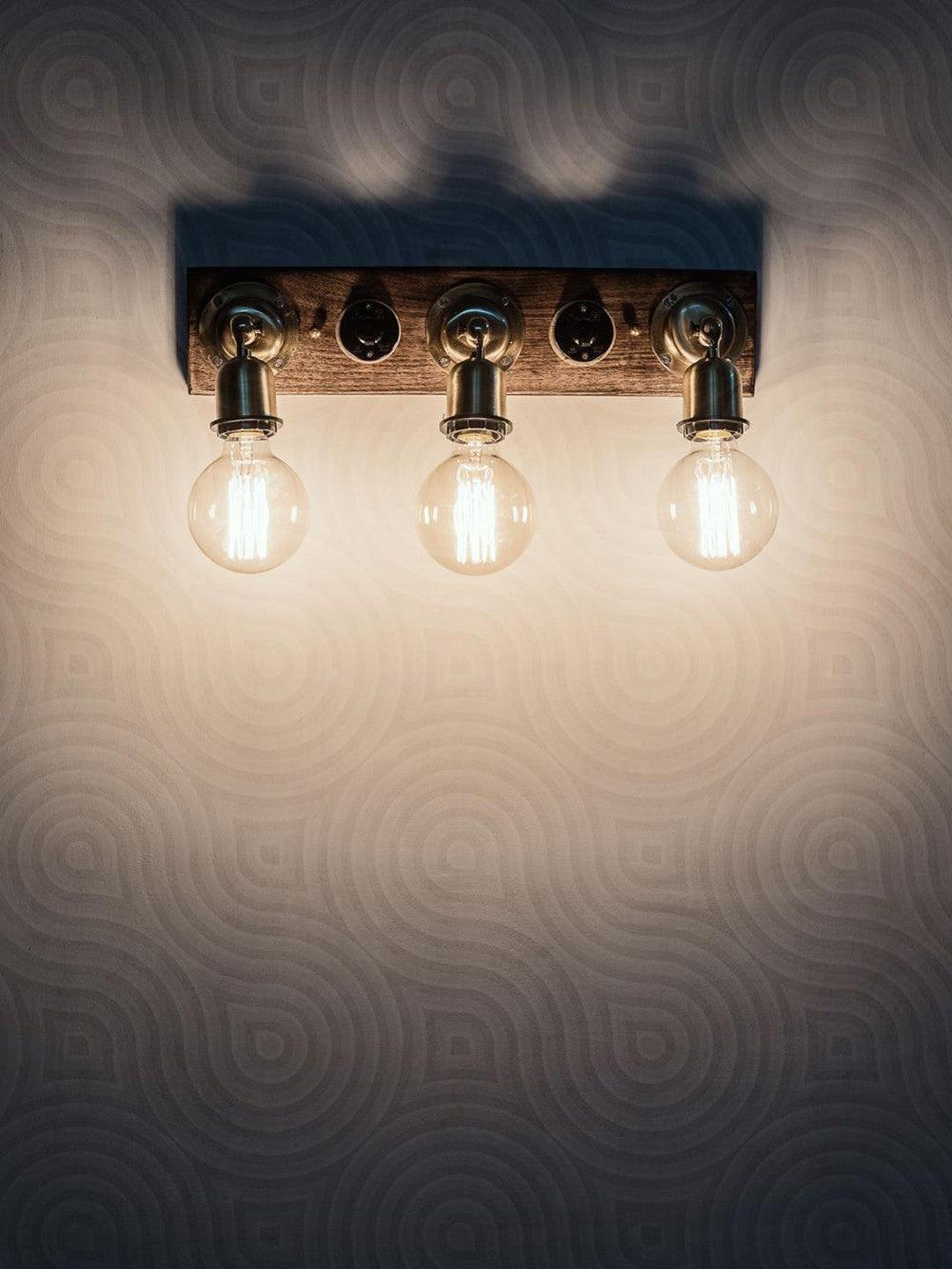 Brass and Wood Retro Switch Triple Vanity Wall Light With Bulb For Decor