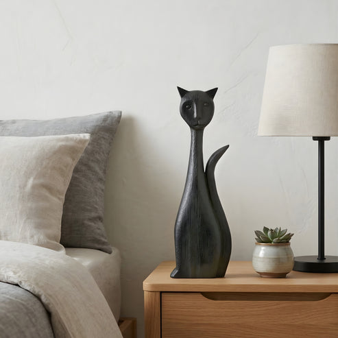 Niro Wooden Cat Sculpture | Modern Black Decorative Art for Modern Interiors | Premium Showpiece