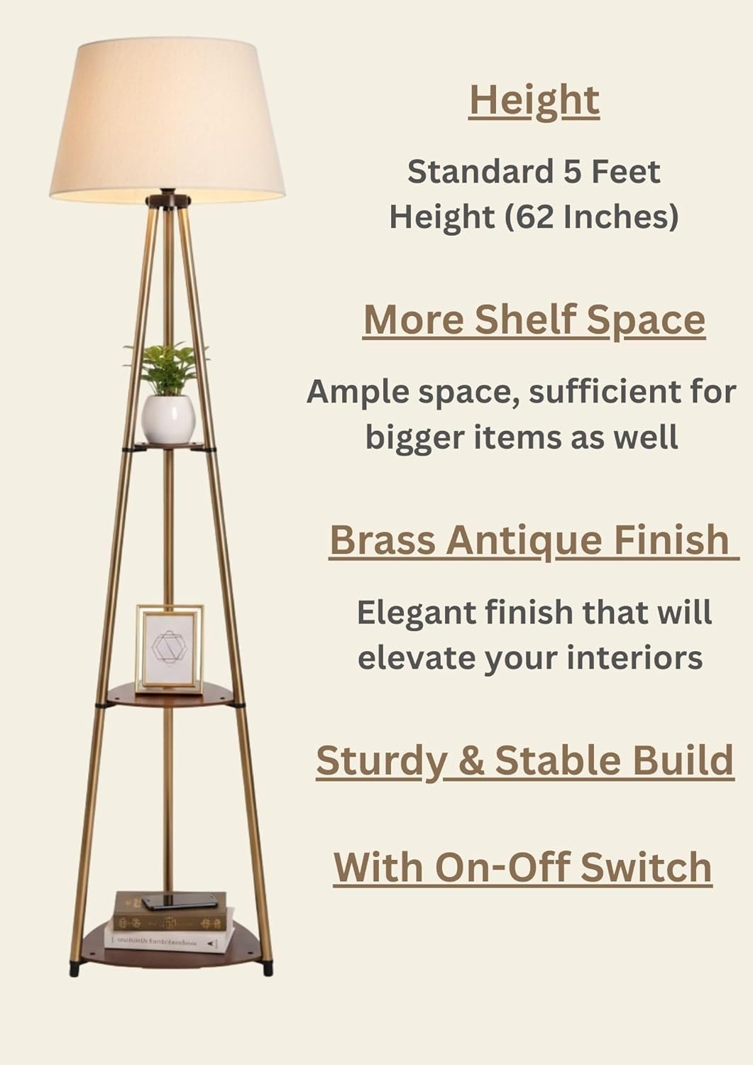 3 Shelves Floor Lamp Brass Antique Finish 5 Feet Height with 16” Diameter Off White Shade for Living Room, Bedroom and Home Decoration