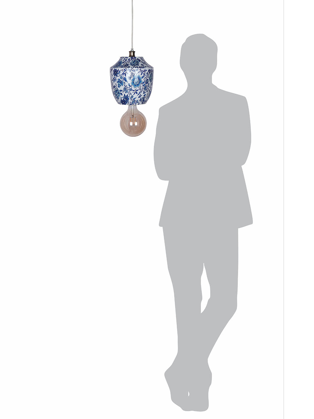 Chinoiserie Pendant Light, Blue White
  Floral Print, Metal Jar Shaped, Traditional Hanging Lamp,