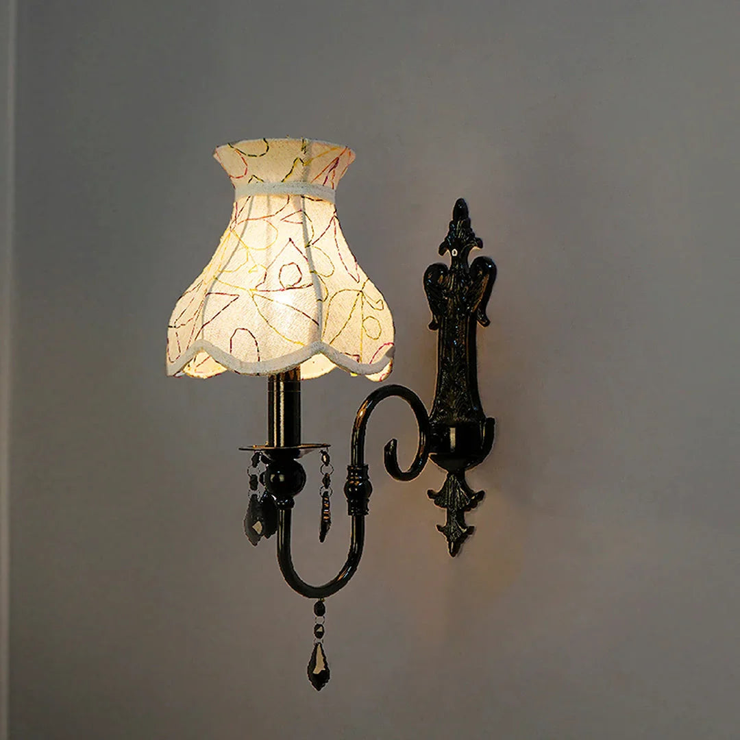 Black Wall Sconce with Green Embroidered Scalloped Shade and Crystals
