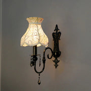 Black Wall Sconce with Green Embroidered Scalloped Shade and Crystals