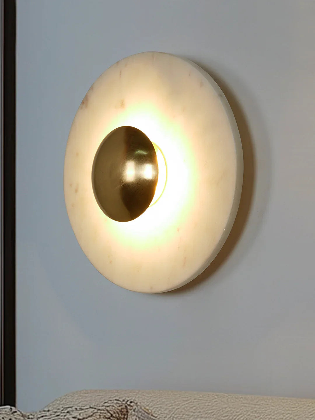 Orbig 11" Round White Marble Wall Sconce – Modern Backlit LED Fixture with Gold Accents