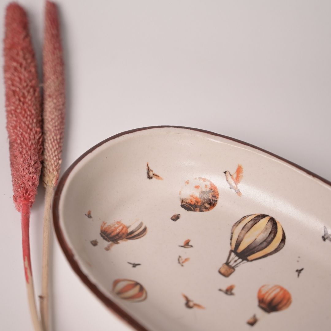 Stoneware Oval Tray with Hot Air Balloon Print & Brass Tong – Whimsical Serveware Set for Snacks, Cookies & Festive Gifting