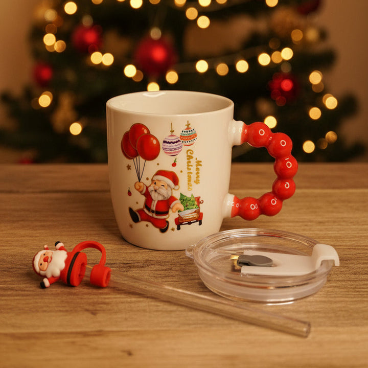 Festive “Merry Christmas” Santa Mug with Straw & Lid Set