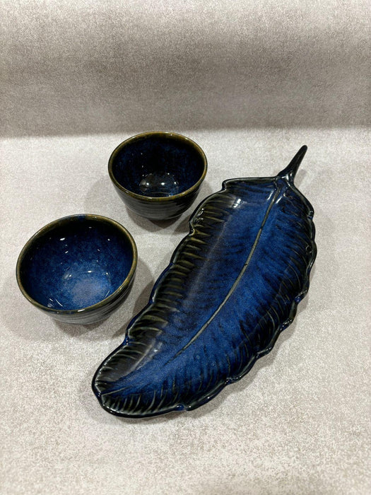 Royal Blue Leaf Platter & Bowls with Gift Box | Snack Serving Platter