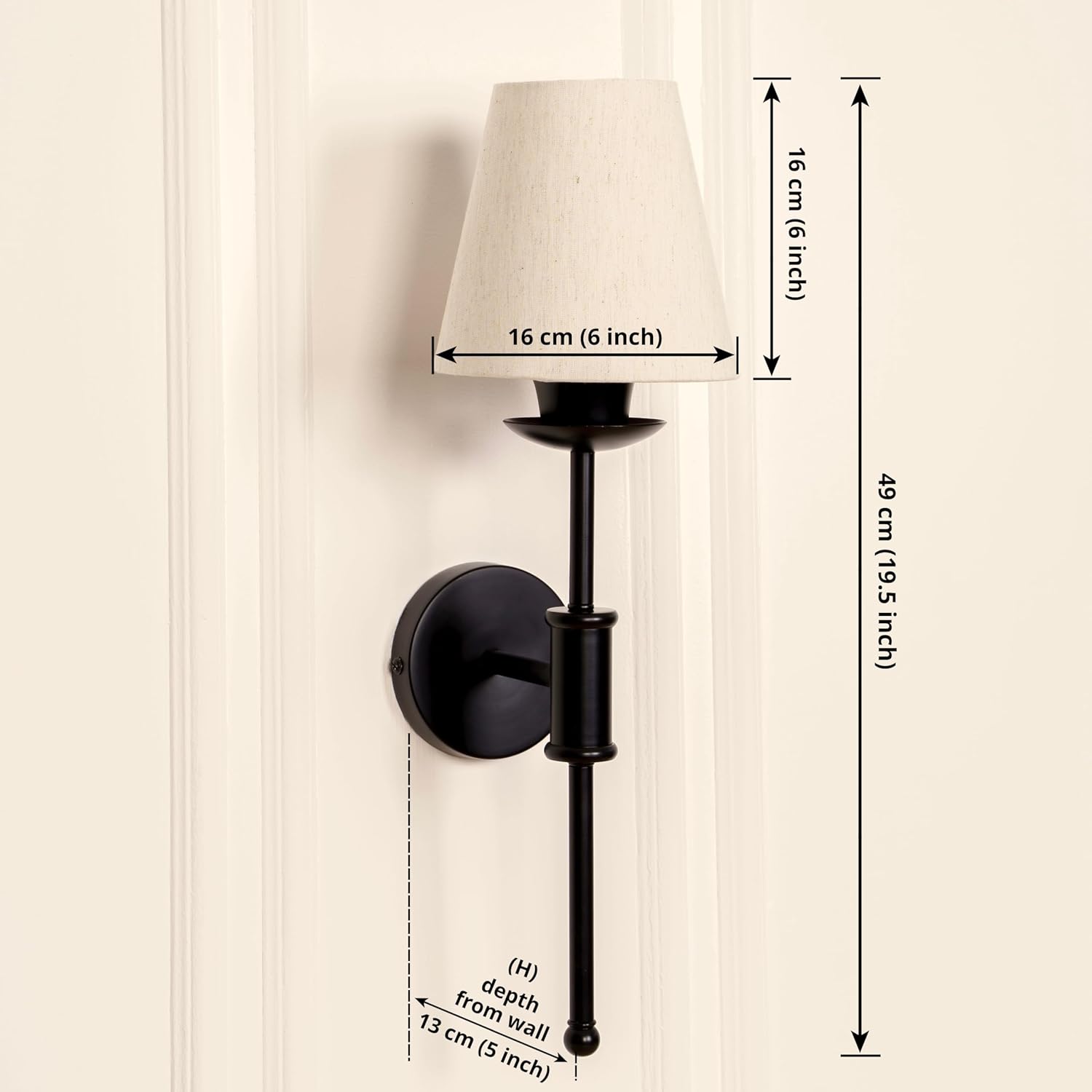 Black Polished Finish Spacer Wall Lamp with Off White Shade