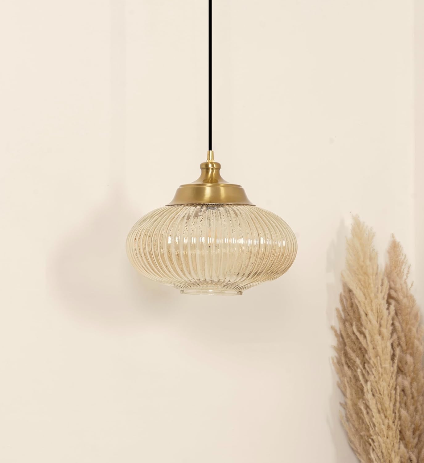 Ribbed Green Melon Glass Hanging Pendant Light Antique Brass Finish for Living Room, Bedroom, Home Decoration and Kitchen