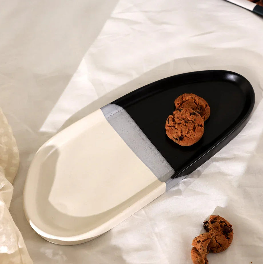 Handcrafted Ceramic Serving Platter | Modern Abstract Stoneware Tray for Dining Table (Ivory, Black & Grey)