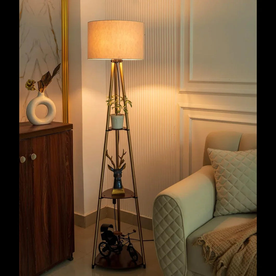 Floor Lamp for Living Room | Modern Black Standing Lamp with Storage Shelves