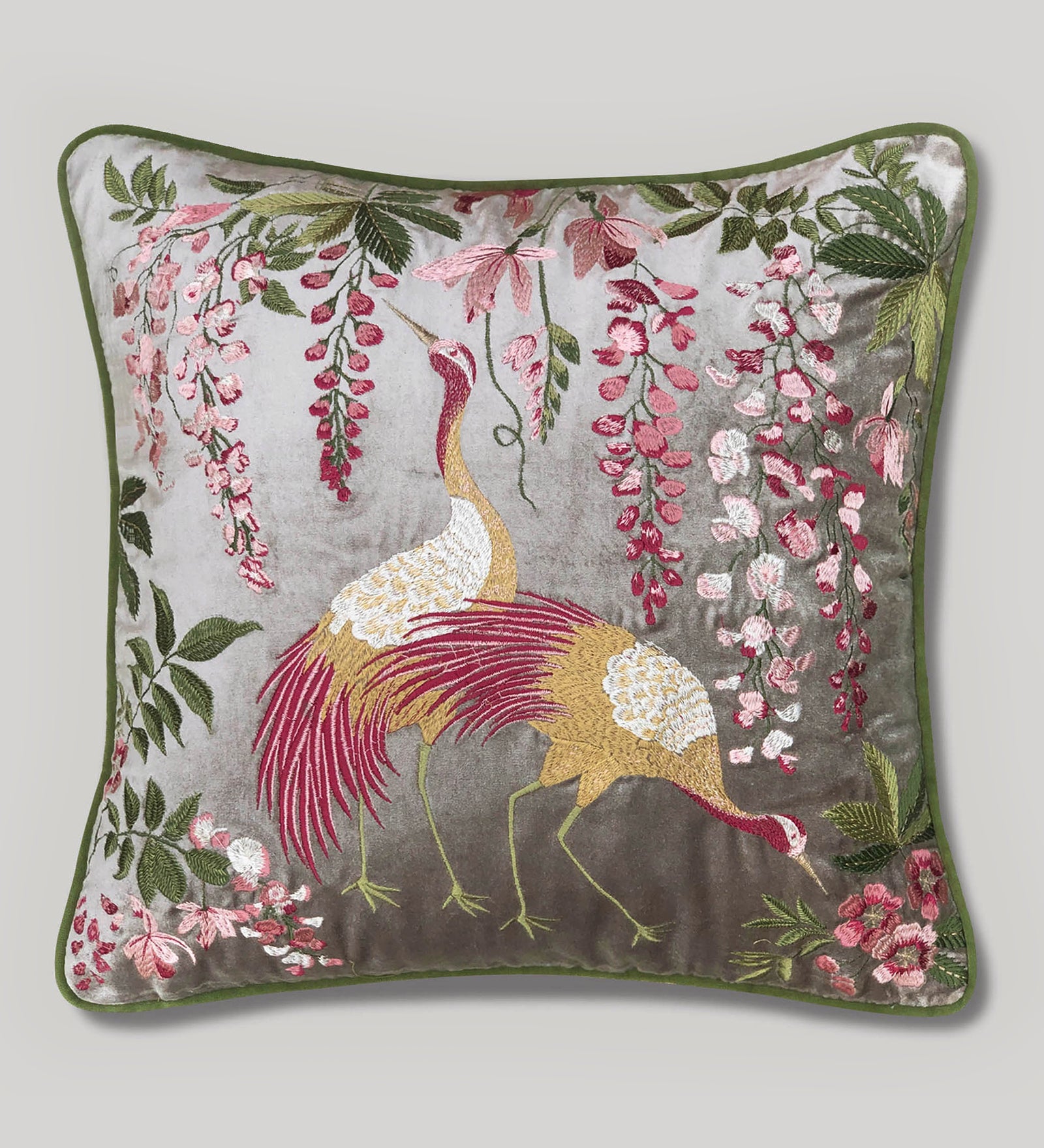 Pushp Vihang Embroidered Velvet Cushion - Silver Colour, 18 x 18