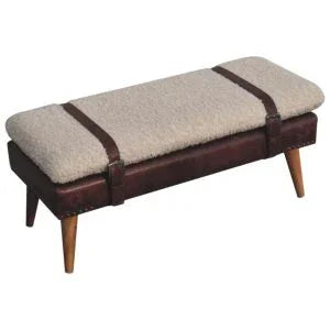 Boucle & Mahogany Leather Bench | Wooden Bench with Nordic Legs | Mango Wood Sitting Bench