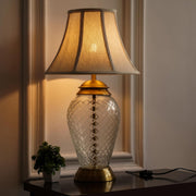 Royal Pure Brass Antique Finish And Diamond Cut Glass Table Lamp 23 Inches Height With Off White Bell 14 Inches Diameter Lampshade