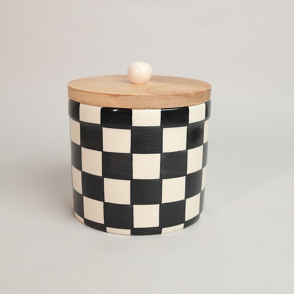 Checkerboard Chic Airtight Storage Jars | Multicolour Ceramic Kitchen Container Jars with Wooden Lids (Set of 2)