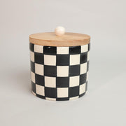 Checkerboard Chic Airtight Storage Jars | Multicolour Ceramic Kitchen Container Jars with Wooden Lids (Set of 2)