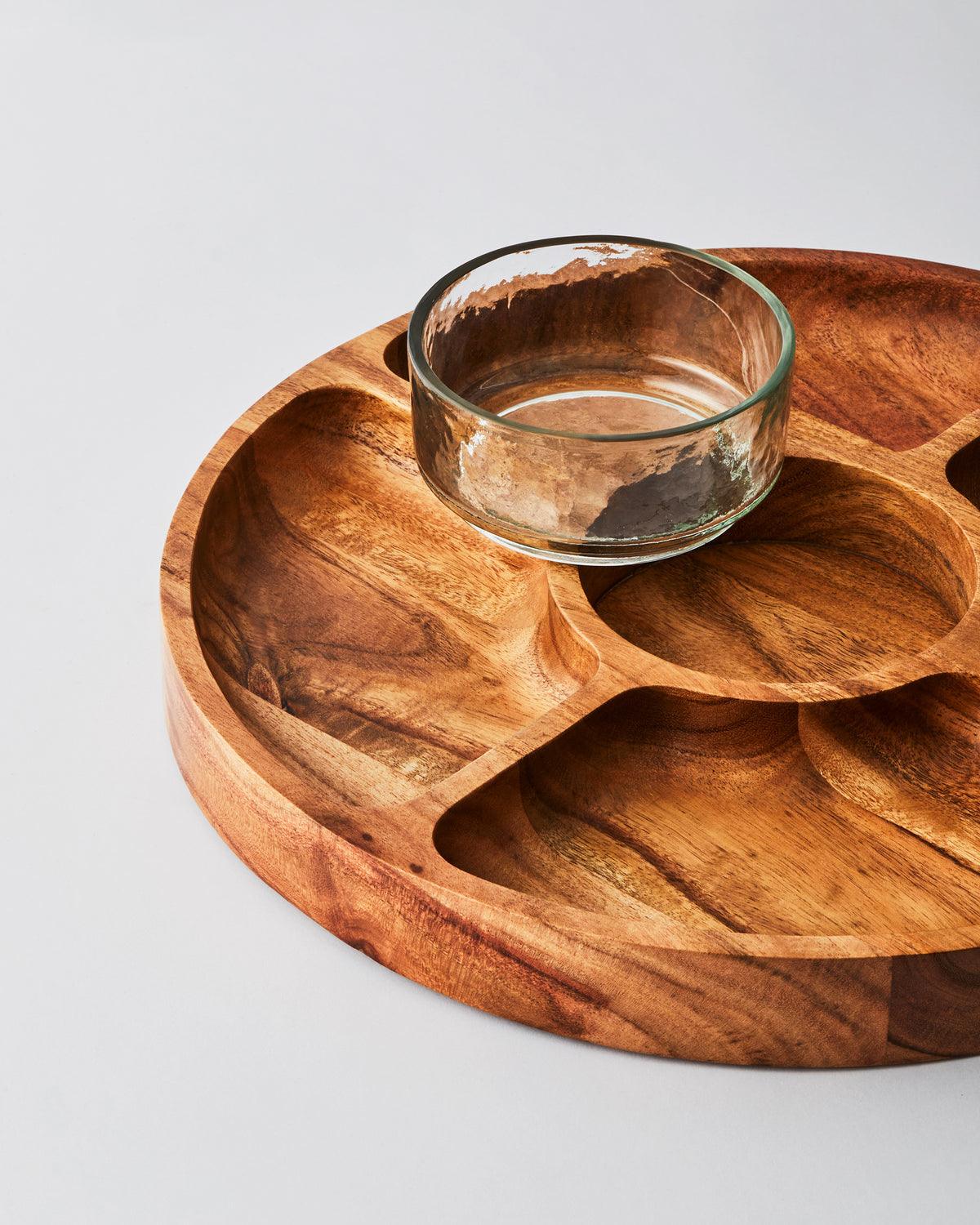 Natural Acacia Wood Snacks Serving Platter | Wooden Chip & Dip Platter with 1 Pc Glass Bowl