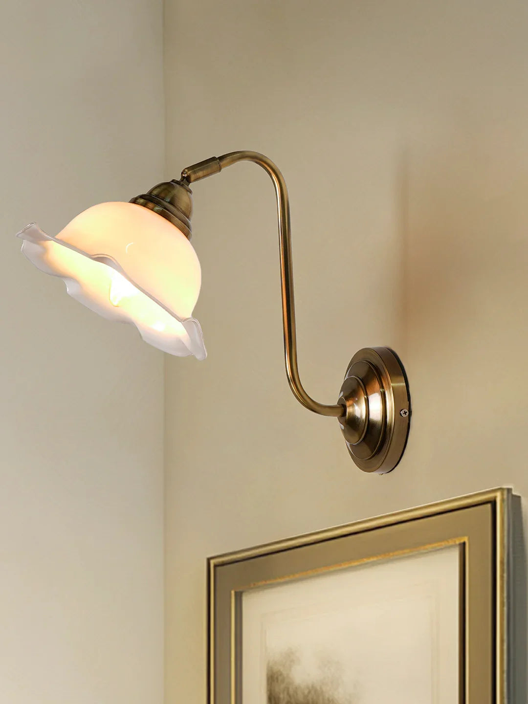 Industrial Brass Adjustable Gooseneck Wall Sconce | White Frilled Edge "Jhalar" Glass Shade