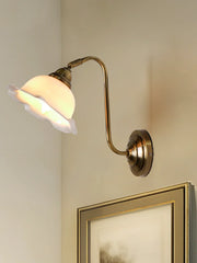 Industrial Brass Adjustable Gooseneck Wall Sconce | White Frilled Edge "Jhalar" Glass Shade