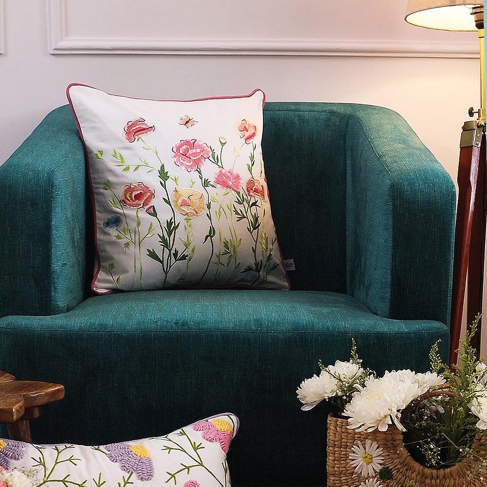 Enchanted Garden Cushion Cover | Hand Embroidered Cotton Cushion Cover | Multicolour Decorative Sofa Pillow Cover