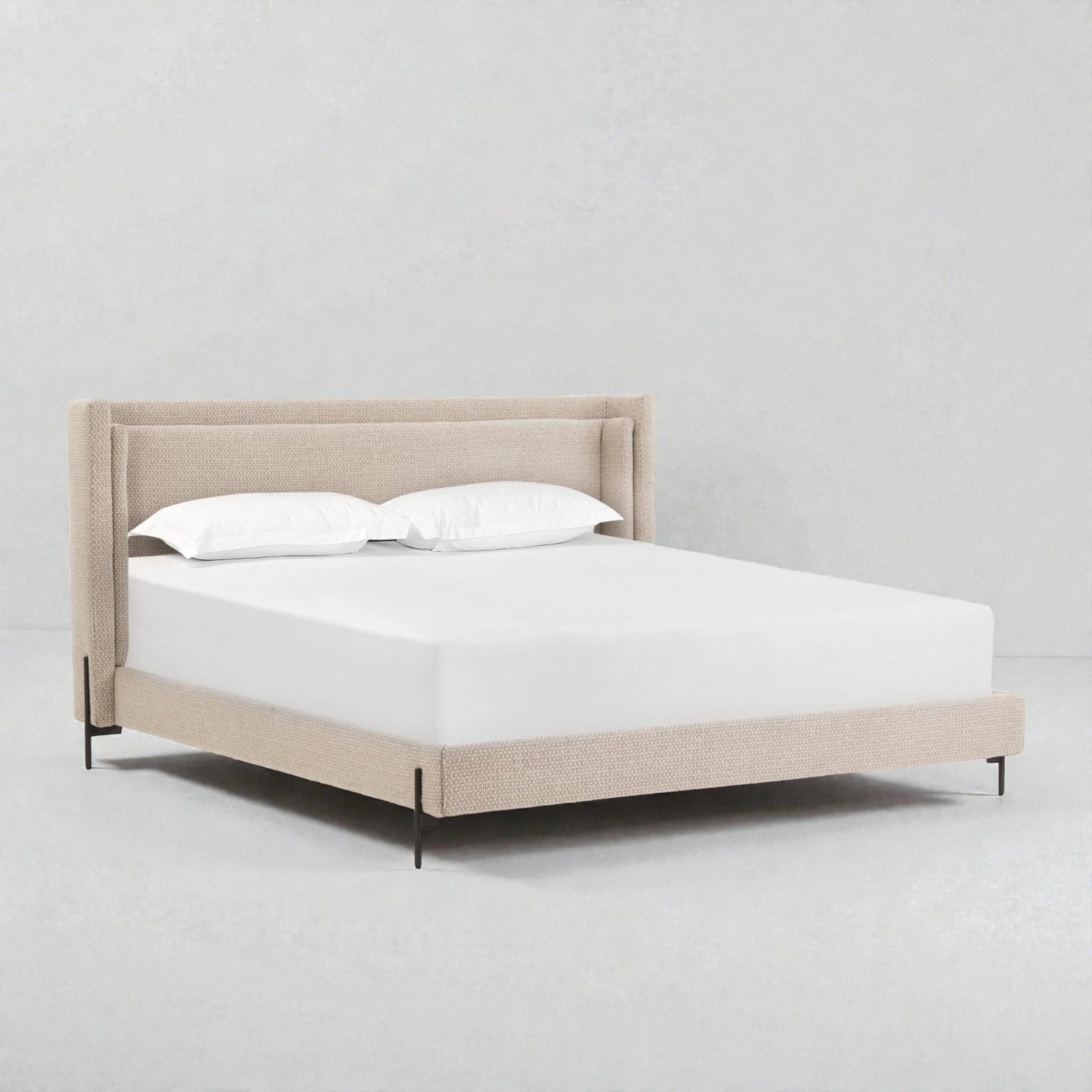 Dob Fabric Upholstery And Black Finished Metal Legs King Size Bed