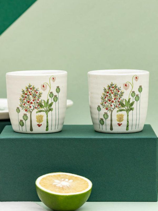 Bagh Cups Set of 2 & Handless Stoneware Cup | Printed Cups for Serving Hot or Cold Drinks