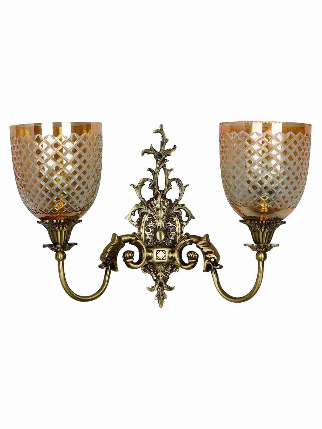 Mythical Majesty: Antique Brass Fish Double Sconce with Luster Glass