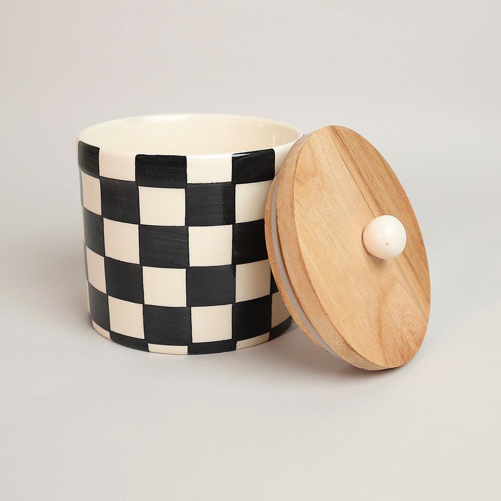 Checkerboard Chic Airtight Storage Jars | Multicolour Ceramic Kitchen Container Jars with Wooden Lids (Set of 2)