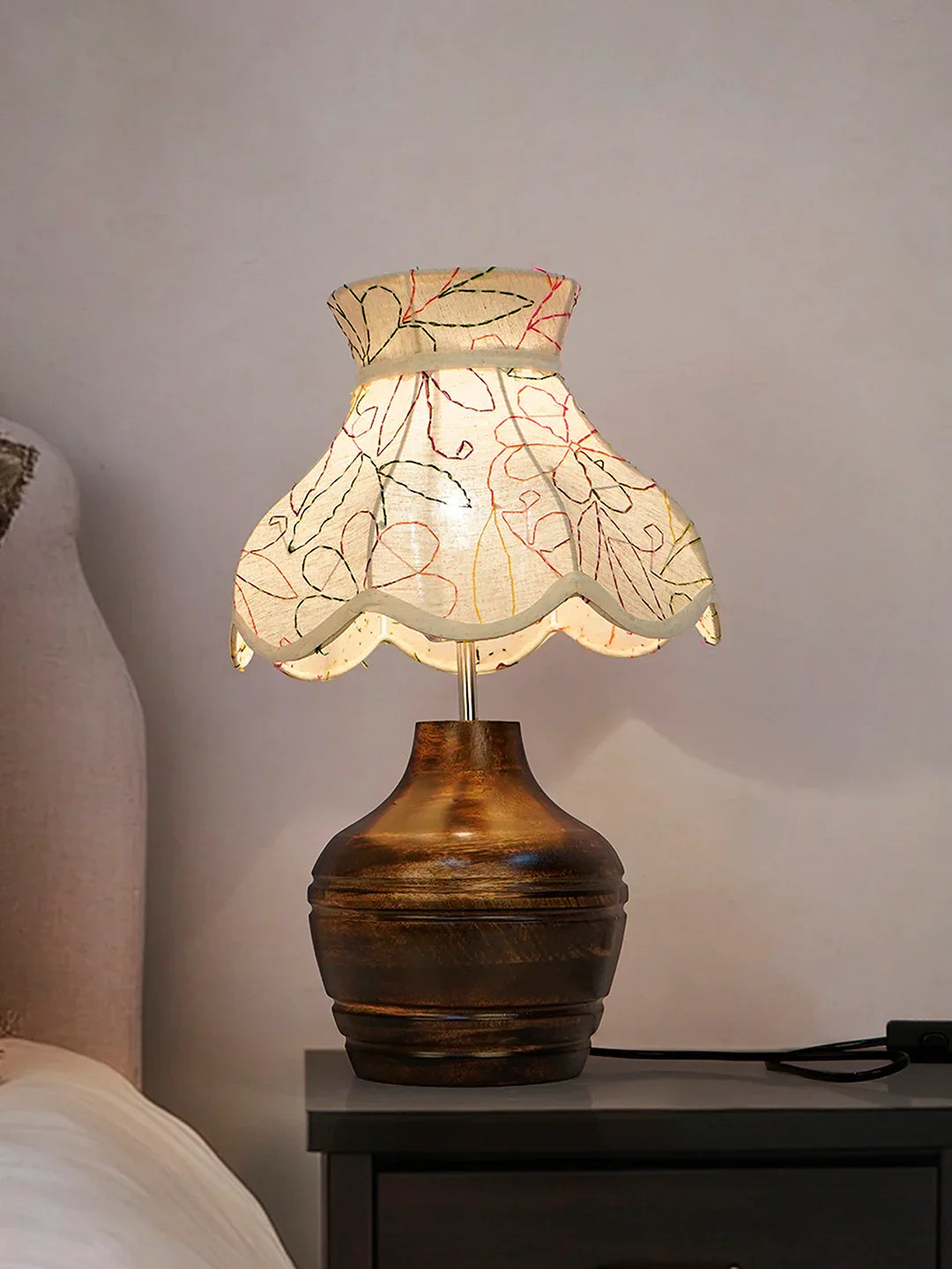 Ethnic Brown Wood Pot Table Lamp with Embroidered Scalloped Shade