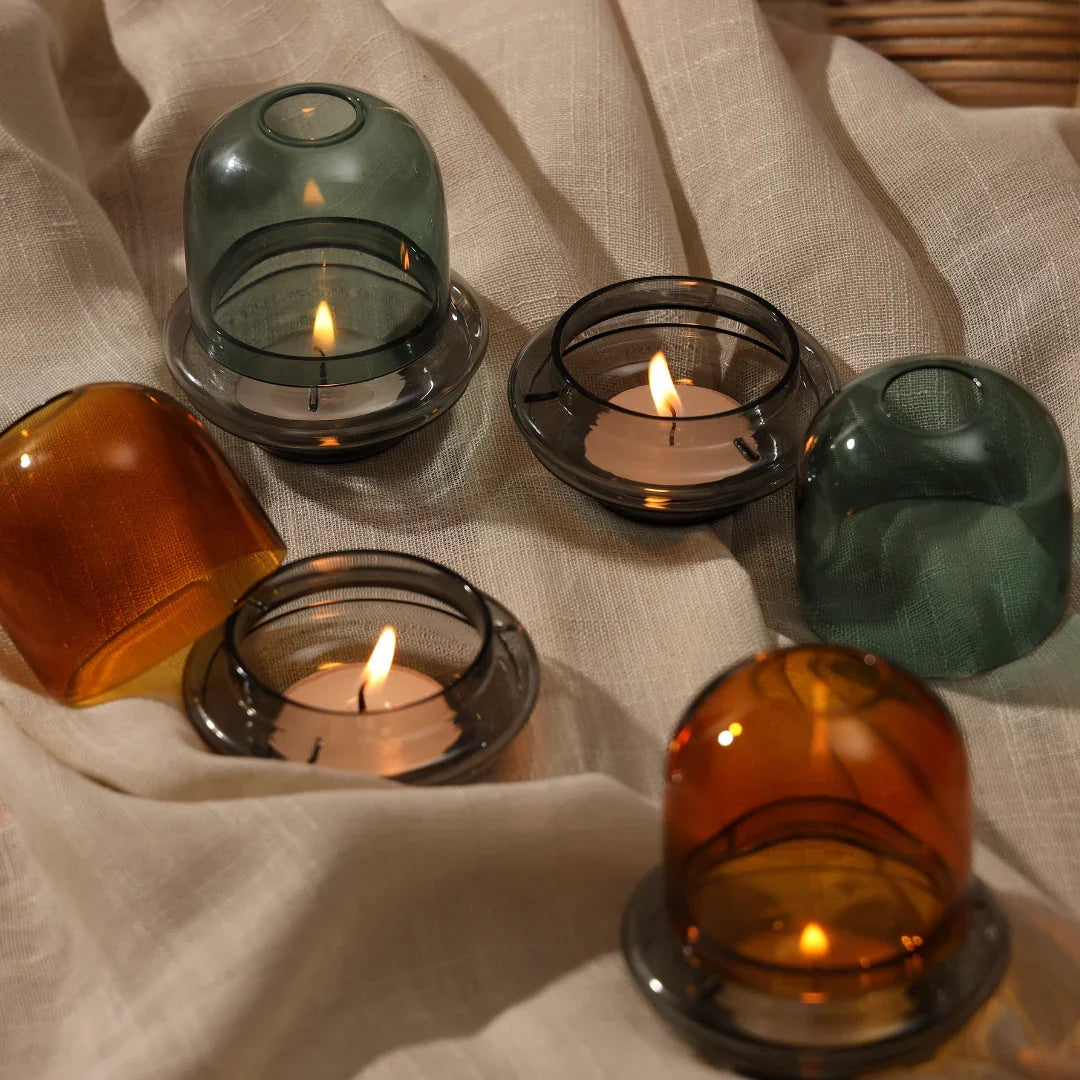 Muun Dome Tealight Holder | Borosilicate Glass Candle Holder Set in Amber & Teal Color - Set of 2