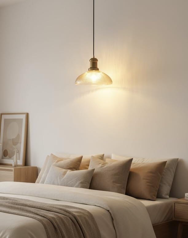 Ribbed Grey Luster Glass Pendant Light with Antique Brass Finish for Living Room, Bedroom, Kitchen and Dining