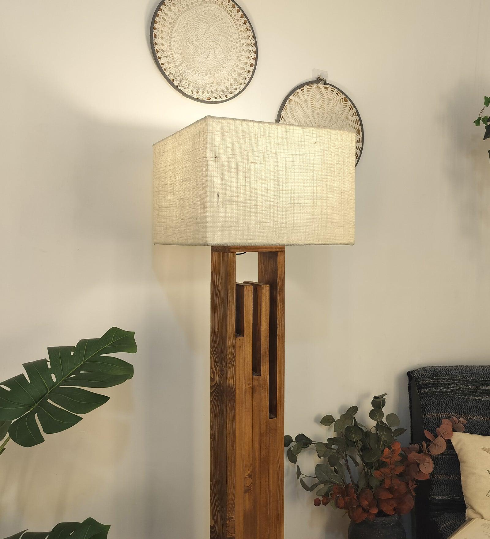 Victoria Wooden Floor Lamp with Brown Base and Jute Fabric Lampshade